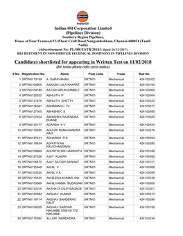 Candidates Shortlisted for Appearing in Written Test on 11/02/2018 (For Venue Please Refer Cover Notice)