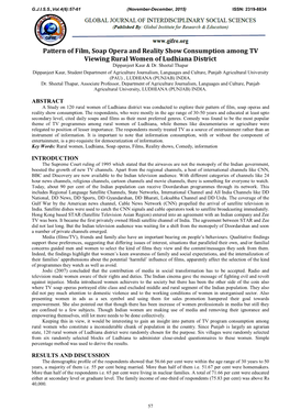 Pattern of Film, Soap Opera and Reality Show Consumption Among TV Viewing Rural Women of Ludhiana District Dippanjeet Kaur & Dr