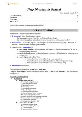 Sleep Disorders in General Last Updated: May 8, 2019 CLASSIFICATION