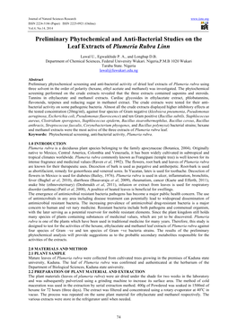 Preliminary Phytochemical and Anti-Bacterial Studies on the Leaf Extracts of Plumeria Rubra Linn