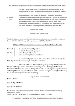 1843 Settlement Documents Madron & St Buryan, William Nicholas & Family