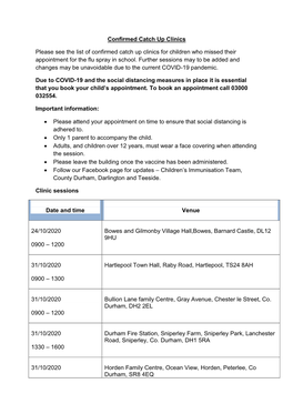 Confirmed Catch up Clinics Please See the List of Confirmed Catch Up