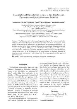Redescription of the Malaysian Mole As to Be a True Species, Euroscaptor Malayana (Insectivora, Talpidae)