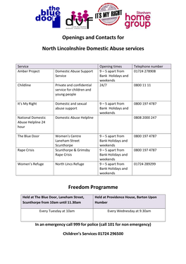 Openings and Contacts for North Lincolnshire Domestic Abuse Services