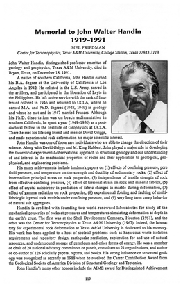 Memorial to John Walter Handin 1919-1991 MEL FRIEDMAN Center for Tectonophysics, Texas A&M University, College Station, Texas 77843-3113