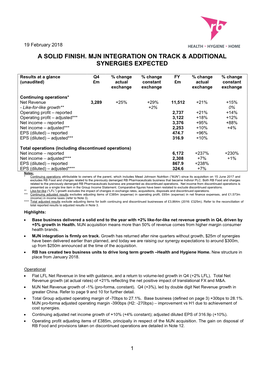 A Solid Finish. Mjn Integration on Track & Additional Synergies Expected