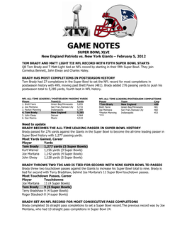 GAME NOTES SUPER BOWL XLVI New England Patriots Vs