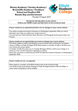 Morley Academy / Farnley Academy / Bruntcliffe Academy / Cockburn School and Swallow Hill Results Day and Enrolment Thursday 23 August 2018