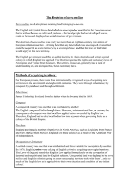 The Doctrine of Terra Nullius Methods of Acquiring Territory