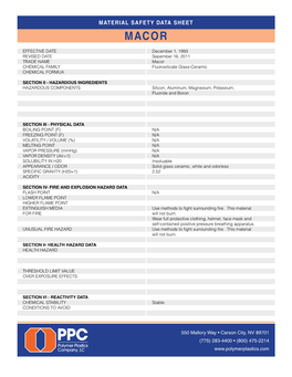 Macor Material Safety Data Sheet