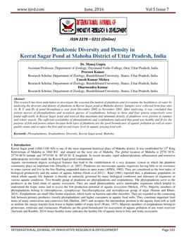 Planktonic Diversity and Density in Keerat Sagar Pond at Mahoba District of Uttar Pradesh, India