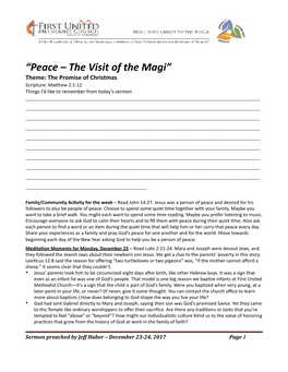 Peace – the Visit of the Magi” Theme: the Promise of Christmas Scripture: Ma�Hew 2:1-12 Things I’D Like to Remember from Today’S Sermon ______