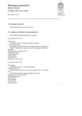 Snabbprotokoll 2012/13:25, Torsdagen Den 15 November-Kl