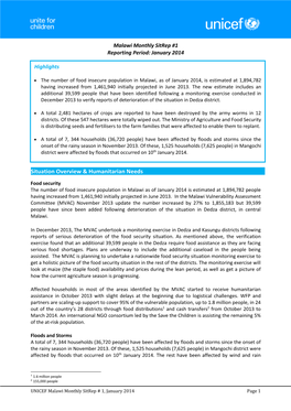 Malawi Monthly Sitrep #1 Reporting Period: January 2014