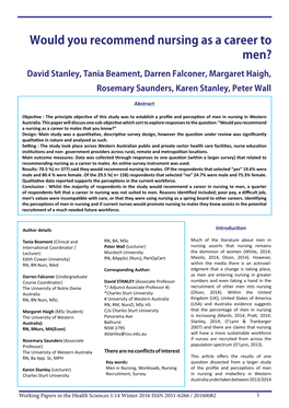 Would You Recommend Nursing As a Career to Men? David Stanley, Tania Beament, Darren Falconer, Margaret Haigh, Rosemary Saunders, Karen Stanley, Peter Wall