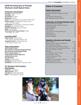 Table of Contents 2018-19 University of Florida Women's Golf Quick Facts