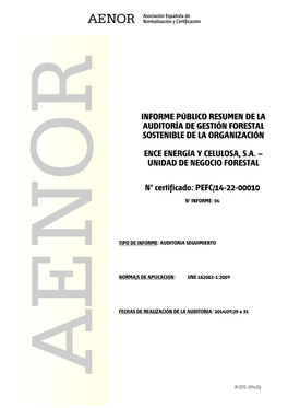 Nº Certificado: PEFC/14-22-00010 INFORME PÚBLICO RESUMEN DE
