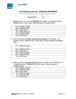 Post-Debate Summary - ENGLISH SPEAKERS for a Detailed Methodology and Contact Information, Please See Page 5