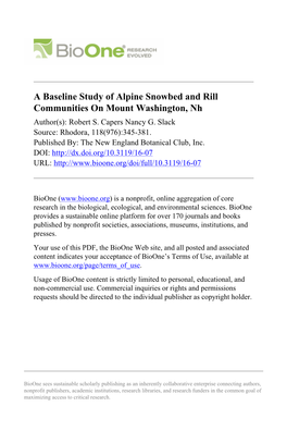 A Baseline Study of Alpine Snowbed and Rill Communities on Mount Washington, Nh Author(S): Robert S