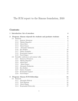 The IUM Report to the Simons Foundation, 2018