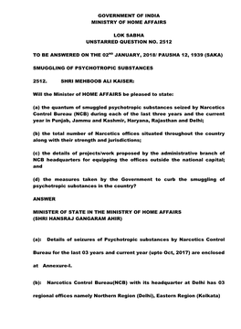 Government of India Ministry of Home Affairs Lok Sabha Unstarred Question No. 2512 to Be Answered on the 02Nd January, 2018