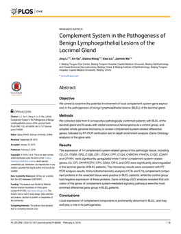 Complement System in the Pathogenesis of Benign Lymphoepithelial Lesions of the Lacrimal Gland