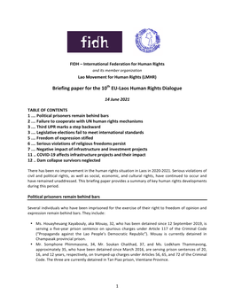 Briefing Paper for the 10Th EU-Laos Human Rights Dialogue