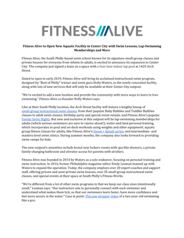 Fitness Alive to Open New Aquatic Facility in Center City with Swim Lessons, Lap-Swimming Memberships and More
