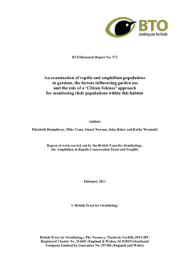 An Examination of Reptile and Amphibian Populations in Gardens, the Factors Influencing Garden Use and the Role of A