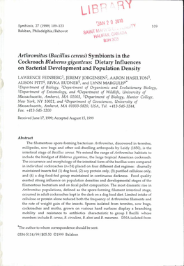 (Bacillus Cereus) Symbionts in the Cockroach Blaberus Giganteus: Dietary Influences on Bacterial Development and Population Density