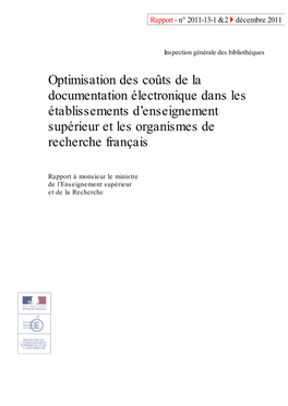 Optimisation Des Coûts De La Documentation Électronique Dans Les Établissements D’Enseignement Supérieur Et Les Organismes De Recherche Français