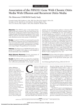 Association of the FBXO11 Gene with Chronic Otitis Media with Effusion and Recurrent Otitis Media the Minnesota COME/ROM Family Study