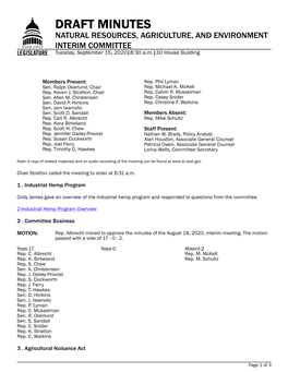 DRAFT MINUTES NATURAL RESOURCES, AGRICULTURE, and ENVIRONMENT INTERIM COMMITTEE Tuesday, September 15, 2020|8:30 A.M.|30 House Building
