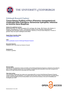 Transcriptome Profiling of Pacu (Piaractus Mesopotamicus) Challenged with Pathogenic Aeromonas Hydrophila: Inference on Immune Gene Response