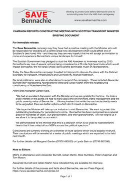 Campaign Reports Constructive Meeting with Scottish Transport Minister Briefing Document