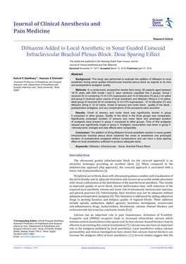 Diltiazem Added to Local Anesthetic in Sonar Guided Coracoid Infraclavicular Brachial Plexus Block