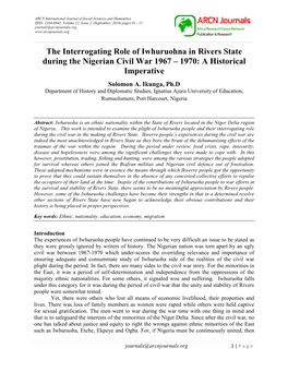 The Interrogating Role of Iwhuruohna in Rivers State During the Nigerian Civil War 1967 – 1970: a Historical Imperative Solomon A