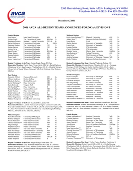 2006 Avca All-Region Teams Announced for Ncaa Division I