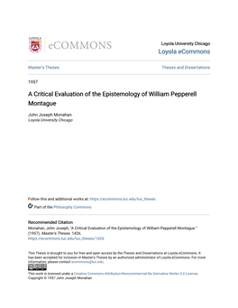 A Critical Evaluation of the Epistemology of William Pepperell Montague