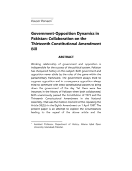 Government-Opposition Dynamics in Pakistan: Collaboration on the Thirteenth Constitutional Amendment Bill