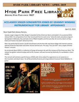 Hyde Park Library News – April 2019 Acclaimed Singer