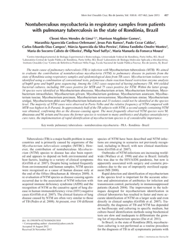 Nontuberculous Mycobacteria in Respiratory Samples from Patients with Pulmonary Tuberculosis in the State of Rondônia, Brazil