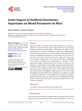 Acute Impact of Artificial Sweetener, Aspartame on Blood Parameter in Mice