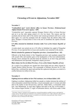 Chronology of Events in Afghanistan, November 2003*