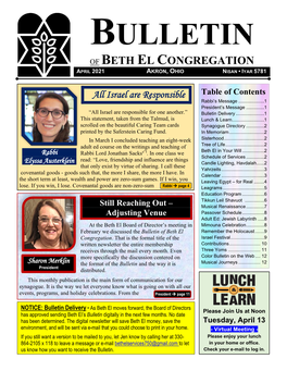 Beth El Congregation April 2021 Akron, Ohio Nisan • Iyar 5781