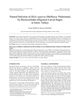 Natural Infection of Helix Aspersa (Mollusca: Pulmonata) by Dicrocoeliidae (Digenea) Larval Stages in Izmir, Turkey