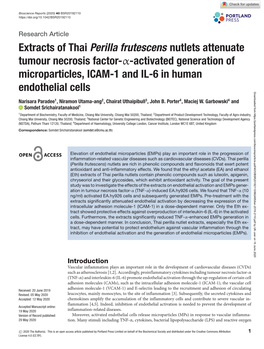 Extracts of Thai Perilla Frutescens Nutlets Attenuate Tumour Necrosis Factor-Α-Activated Generation of Microparticles, ICAM-1 and IL-6 in Human