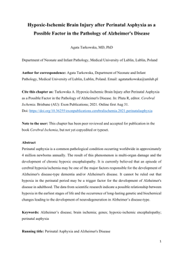 Hypoxic-Ischemic Brain Injury After Perinatal Asphyxia As a Possible Factor in the Pathology of Alzheimer's Disease