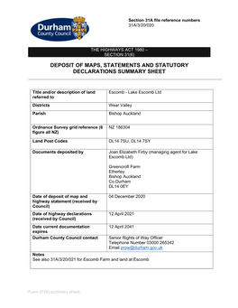 Deposit of Maps, Statements and Statutory Declarations Summary Sheet