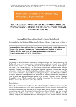 Political Relations Between the Abbasid Caliphate and Transoxiana During the Rule of Saffarid Emirate (259-296 Ah/873-908 Ad) Pjaee, 18(8) (2021)